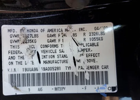 2009 Acura Tl из США, поврежденный, VIN 19UUA96549A005281